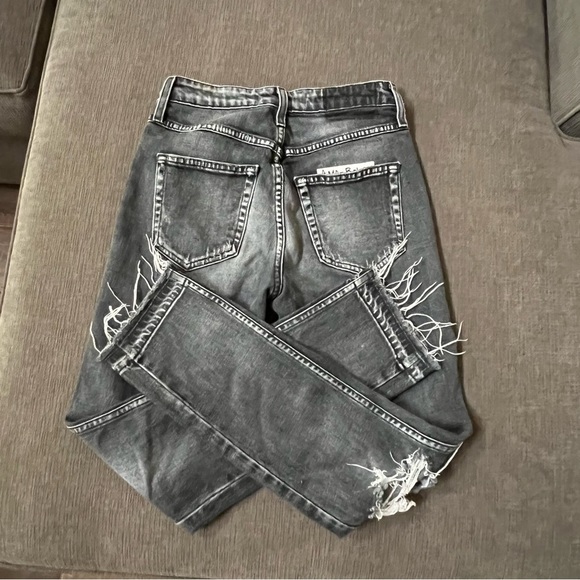 AMO Babe Button Fly Crop Jeans in Vixen Destroy Faded Black Wash Raw Release Hem - Picture 6 of 9